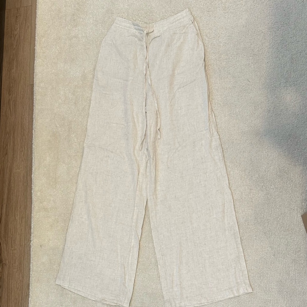 Cream Wide-Leg Linen Pants